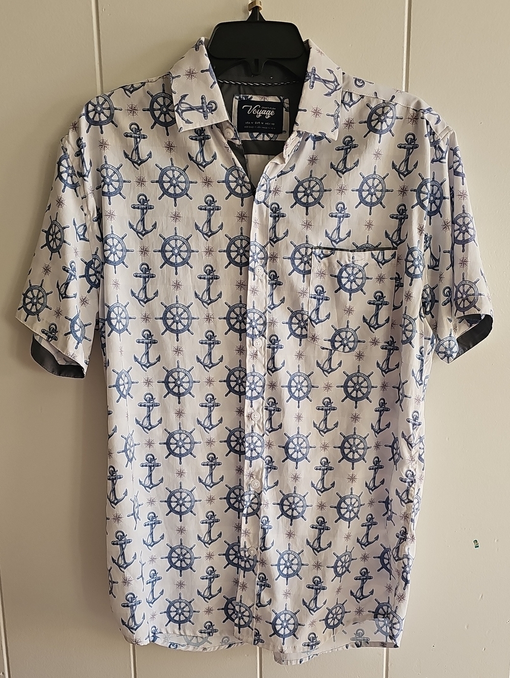 Craft+Flow Voyage Men’s Short-Sleeve Anchor & Wheel Print Shirt - White/Blue